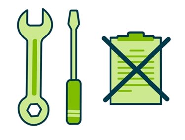 Spanner and screwdriver icon alongside clipboard with a cross over the top