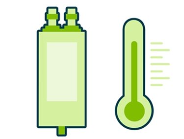AC capacitor icon alongside a thermometer showing hot 